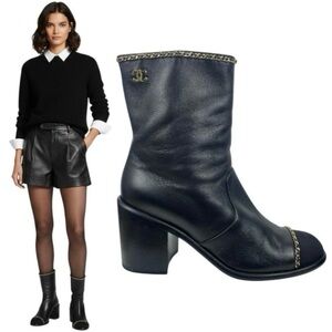 Chanel Coco Mark Logo Cap Toe Chain Short Leather Boots Black Size 39